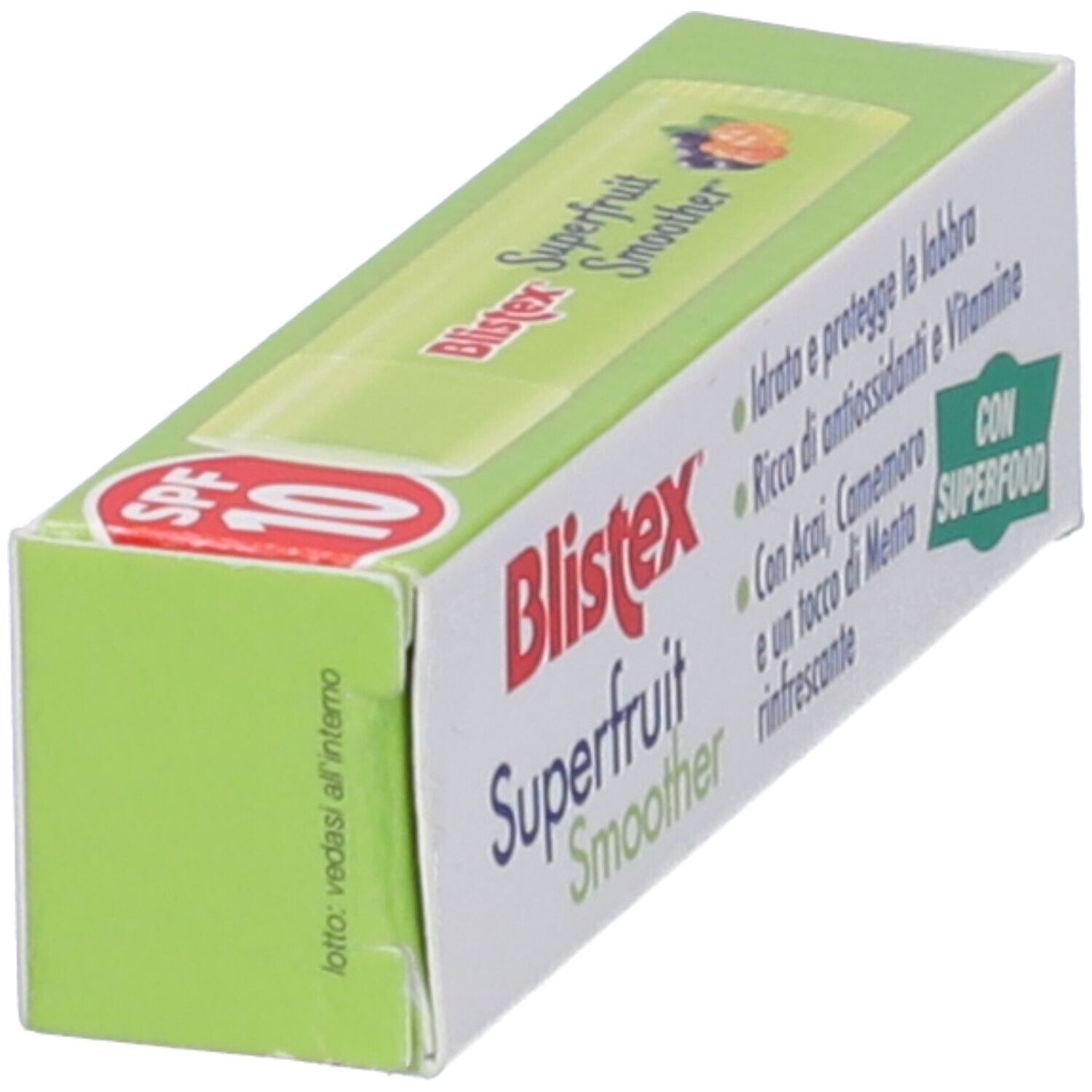 Confezione Blistex Superfruit Smoother SPF10, vista obliqua. Testo: Superfruit Smoother, SPF 10. Ingredienti e info.