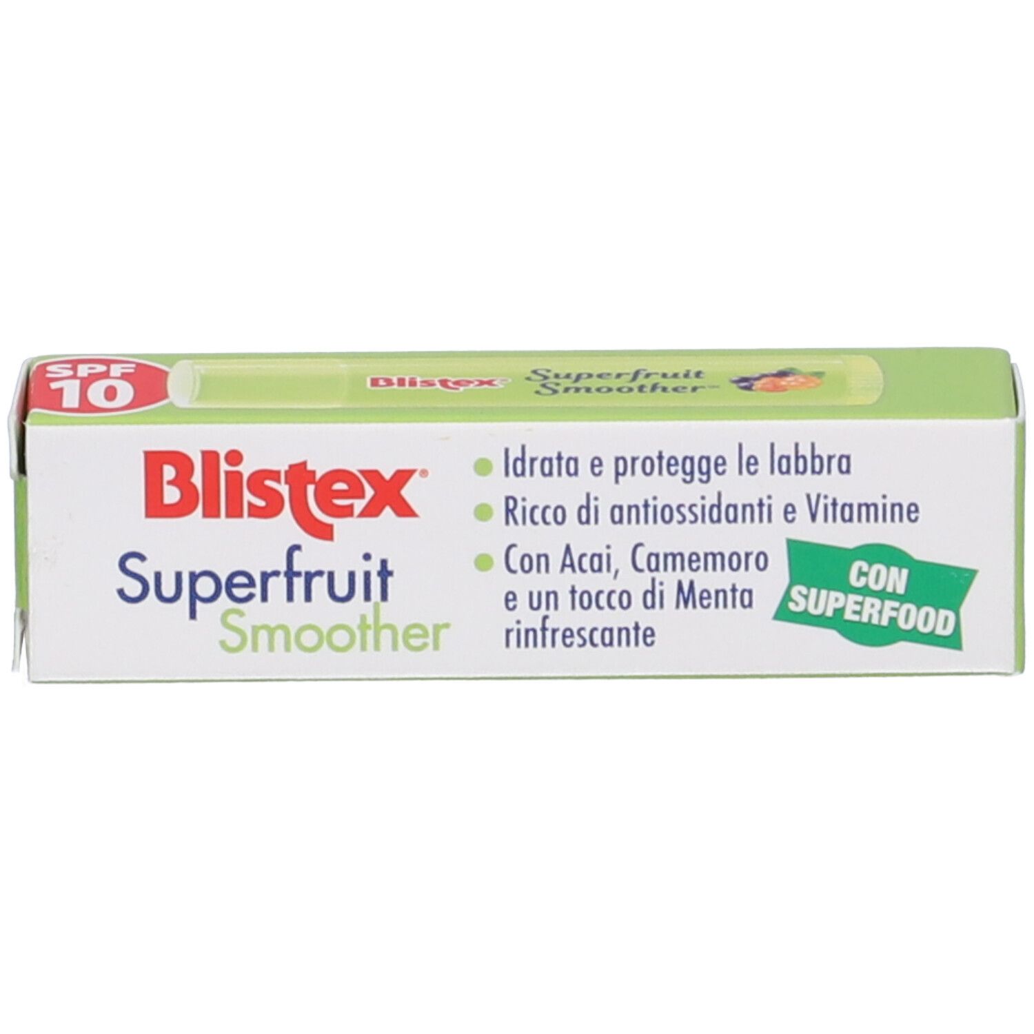 Confezione Blistex Superfruit Smoother SPF10. Testo: Superfruit Smoother, SPF 10, Superfood. Ingredienti e info.