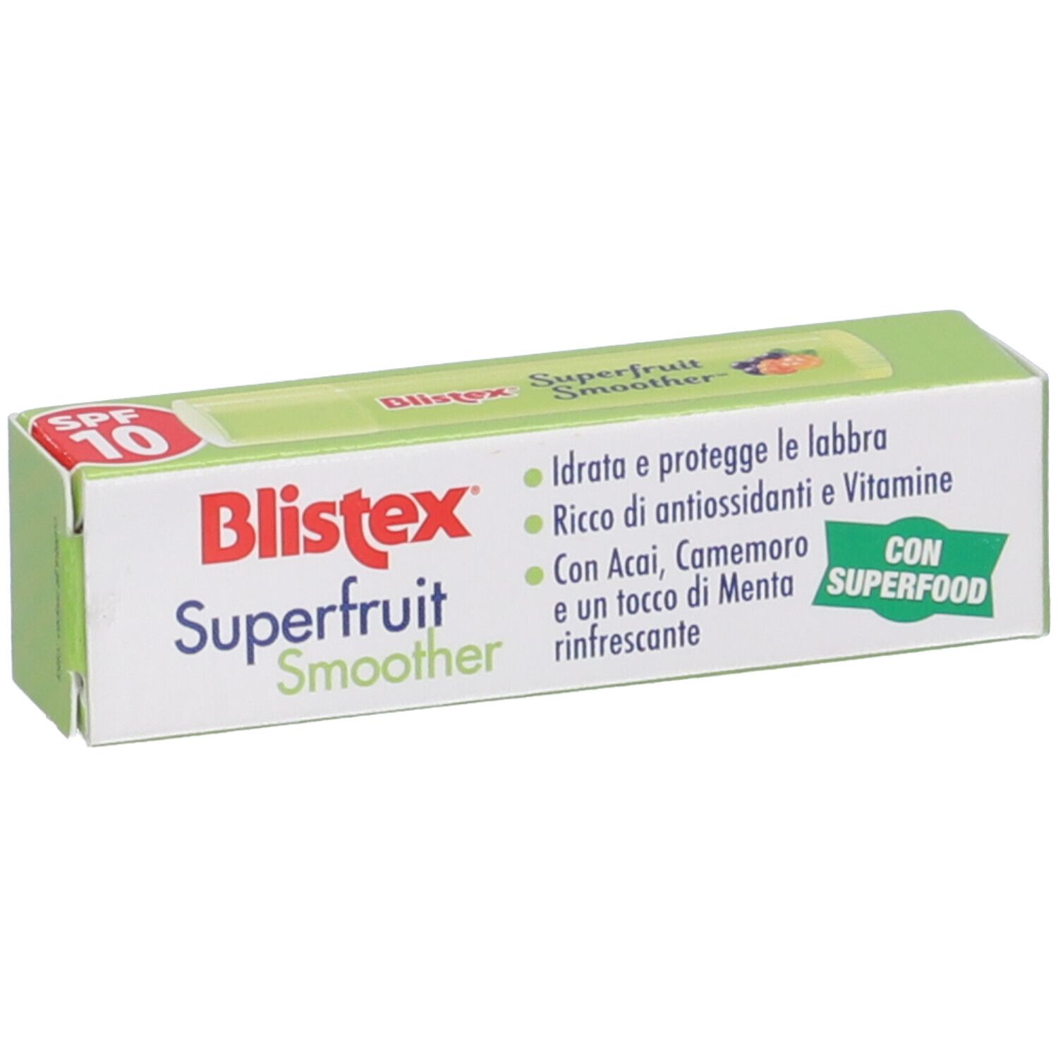 Confezione Blistex Superfruit Smoother SPF10, vista obliqua. Testo: Superfruit Smoother, SPF 10. Ingredienti e info.