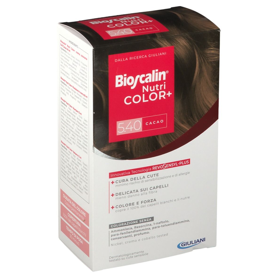 Confezione Bioscalin Nutri COLOR+ 5.40 Cacao. Scatola bianca con nome prodotto, tonalità e informazioni. Logo Giuliani.