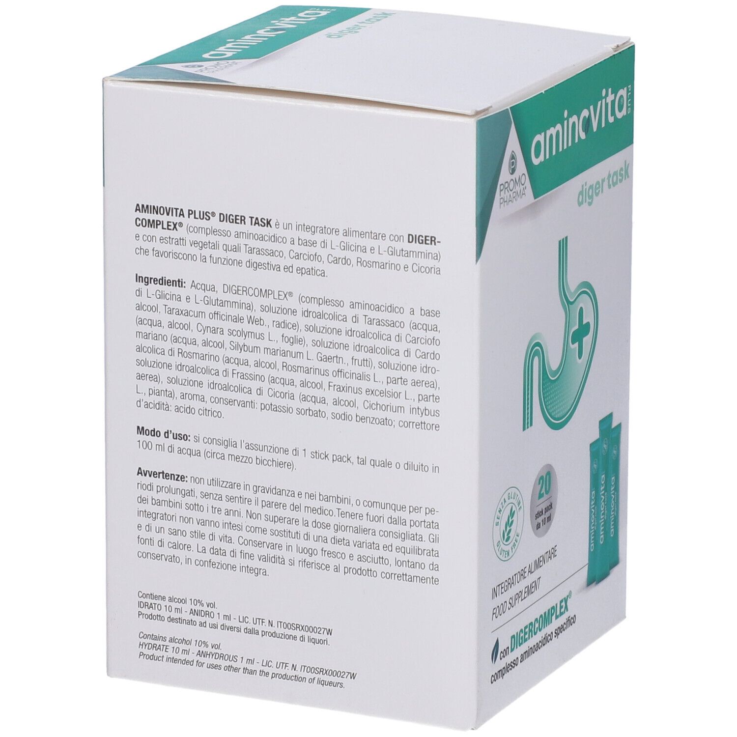 Retro della confezione Aminovita Plus Diger Task. Testo in italiano. Contiene informazioni su ingredienti e utilizzo.