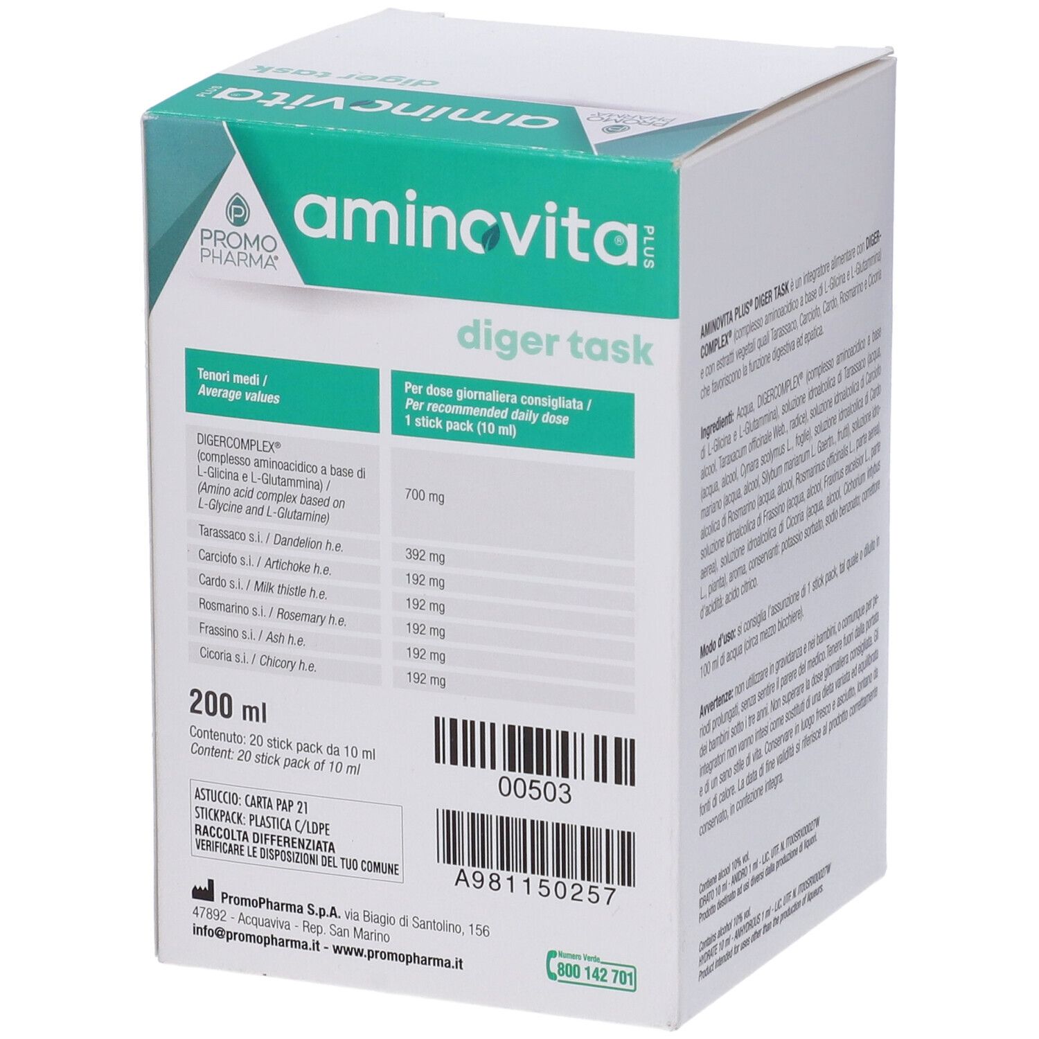 Lato della confezione Aminovita Plus Diger Task. Contiene informazioni nutrizionali per stick. Testo in italiano.