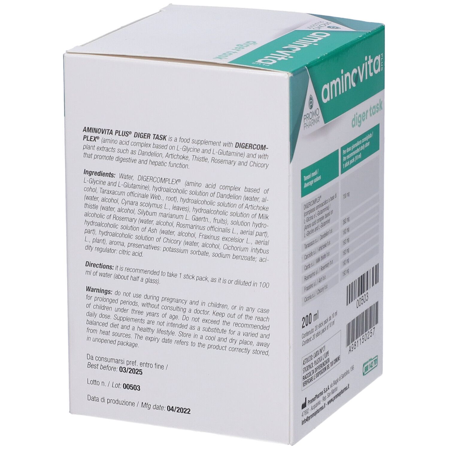 Retro della confezione Aminovita Plus Diger Task. Testo in italiano. Contiene informazioni su ingredienti e utilizzo.