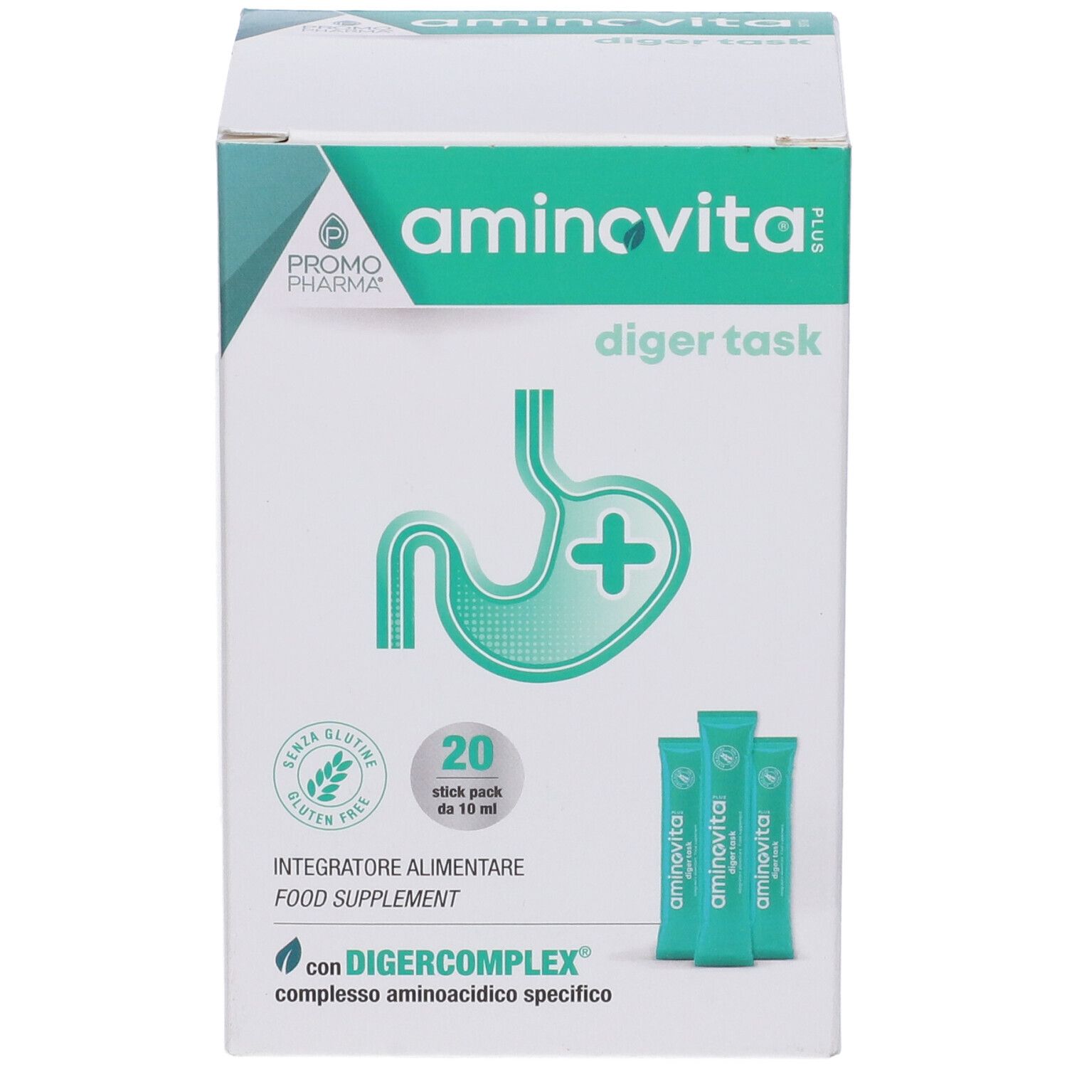 Fronte della confezione Aminovita Plus Diger Task. Contiene 20 stick. Senza glutine. Design verde e bianco con logo e illustrazione.