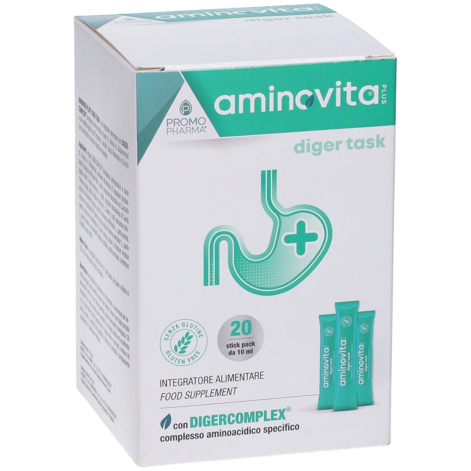 Confezione Aminovita Plus Diger Task. Contiene 20 stick. Senza glutine. Design verde e bianco con logo e illustrazione del prodotto.