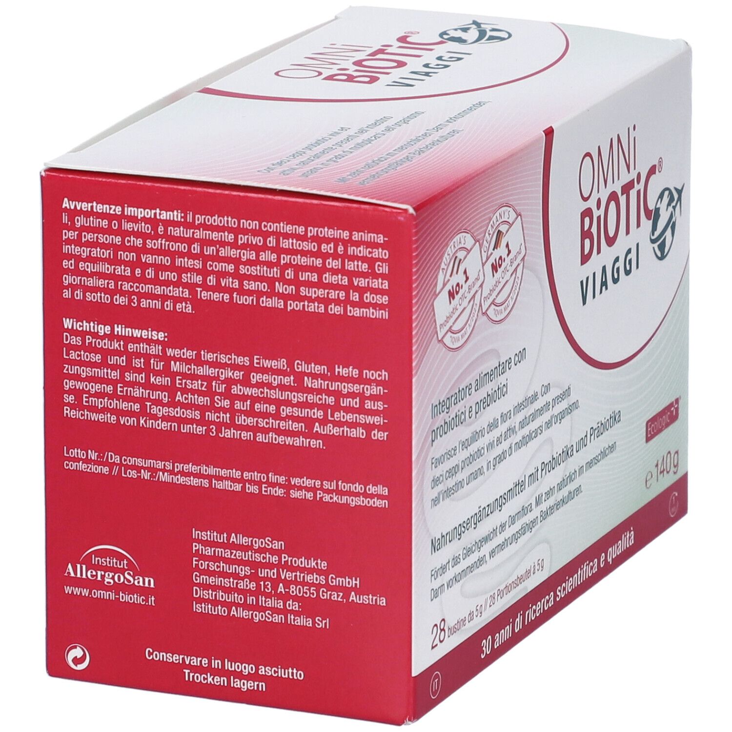 Scatola Omni Biotic Viaggi, rossa e bianca. Retro con testo. Contiene informazioni sugli ingredienti e avvertenze. Con certificazioni.