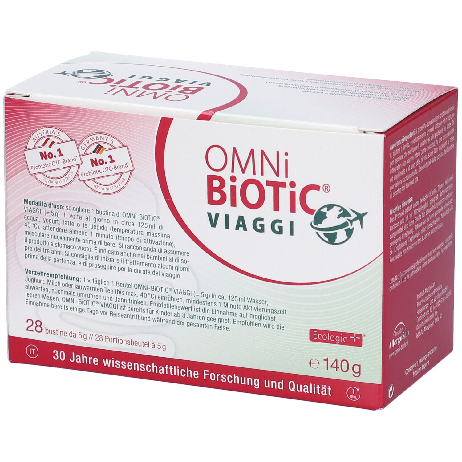 Scatola Omni Biotic Viaggi, rossa e bianca. Contiene 28 bustine. Testo: Istruzioni per l'uso. Con certificazioni. E140g.