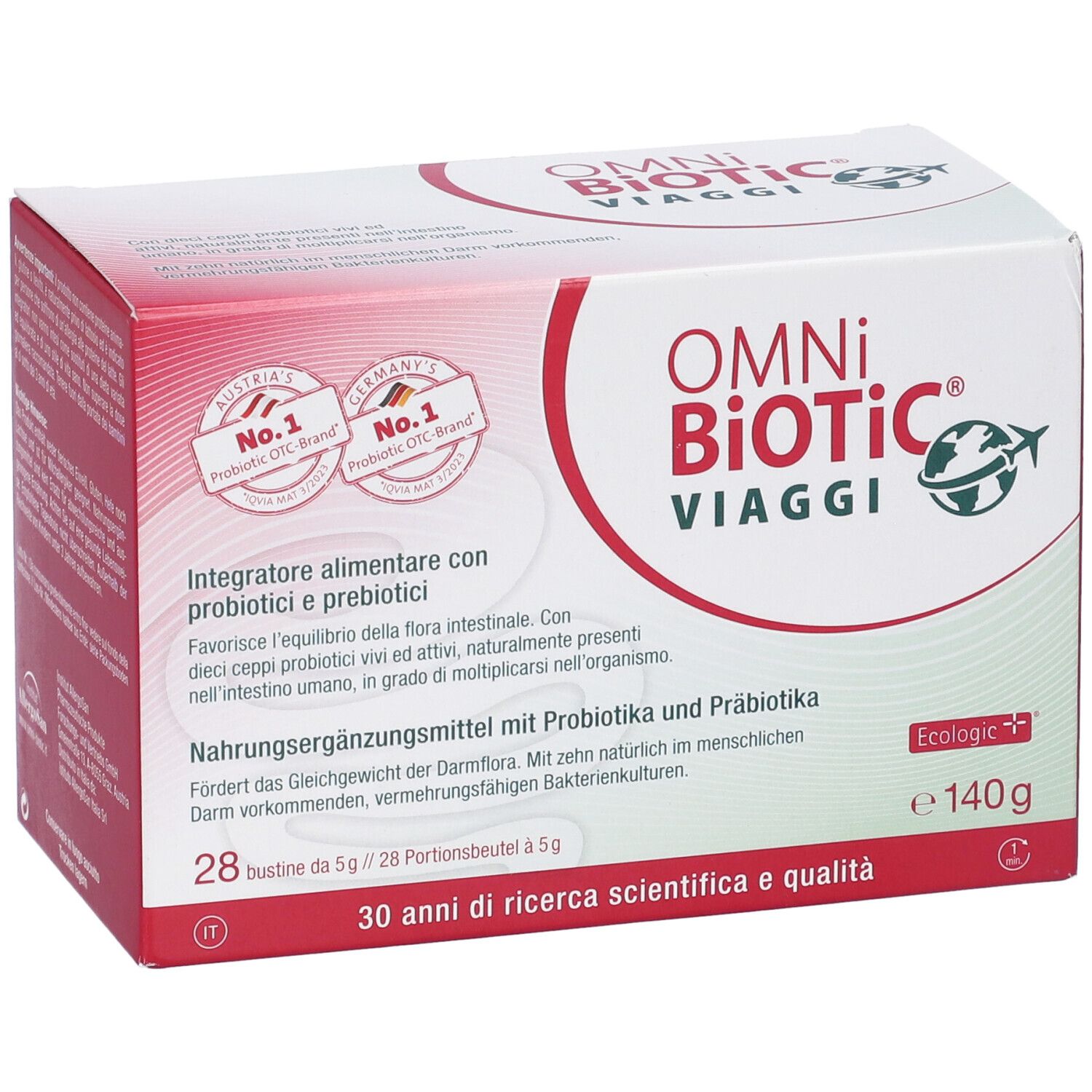Scatola Omni Biotic Viaggi, rossa e bianca. Contiene 28 bustine. Scritta: Integratore alimentare con probiotici e prebiotici. Con certificazioni.