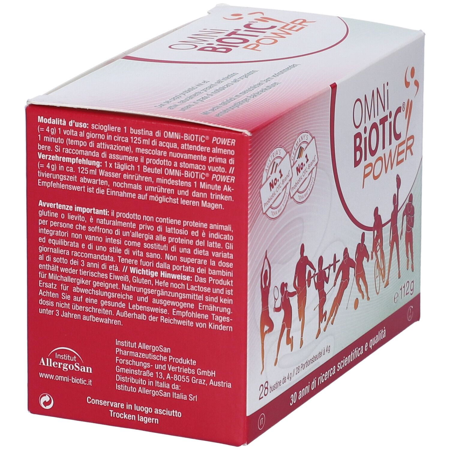 Scatola Omni Biotic Power. Testo in tedesco e italiano. Contiene 28 bustine. Conservare in luogo asciutto.