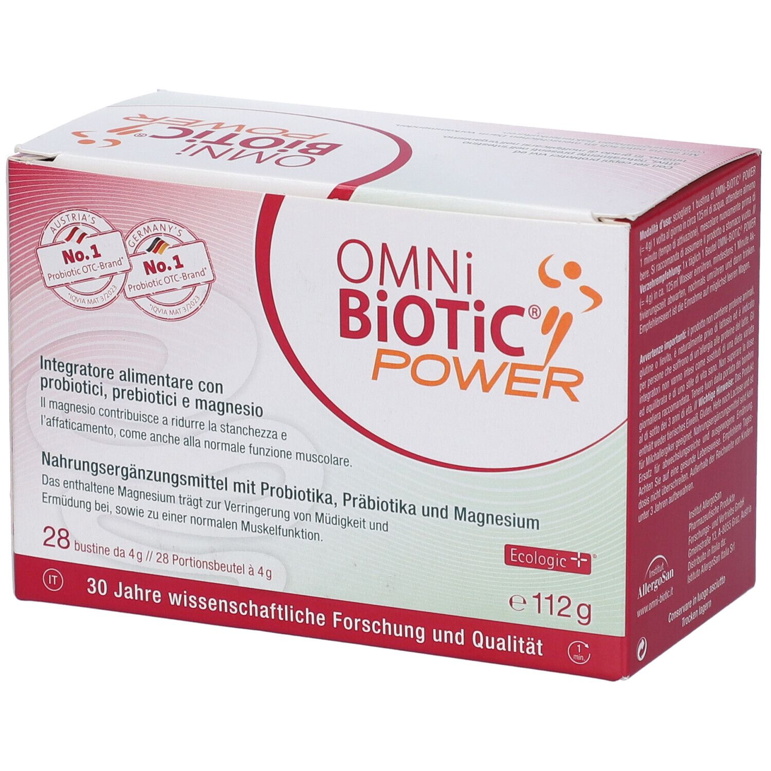Scatola Omni Biotic Power, 28 bustine. Testo in tedesco e italiano. Logo Ecologic+.