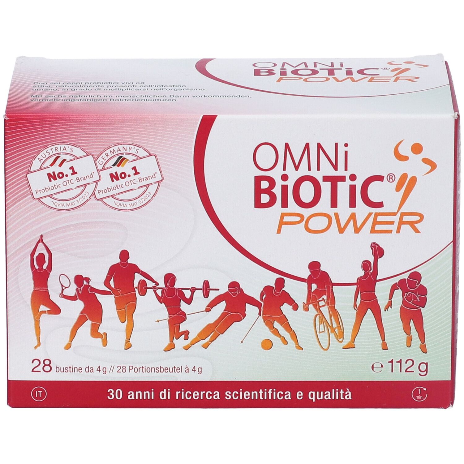 Scatola Omni Biotic Power, 28 bustine. Marchi Austria e Germania No.1. Illustrazione di atleti in movimento.