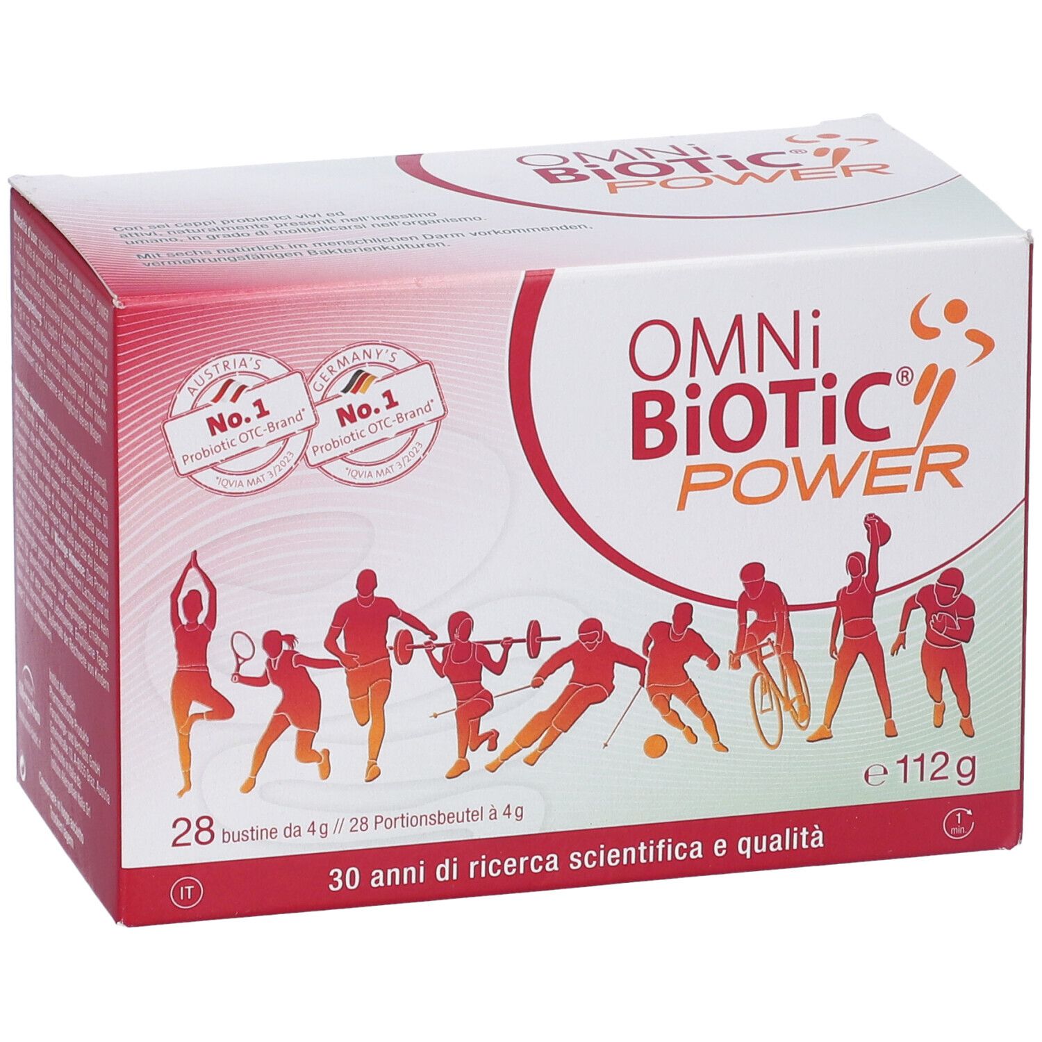 Scatola Omni Biotic Power, 28 bustine. Marchi Austria e Germania No.1. Illustrazione di atleti in movimento.