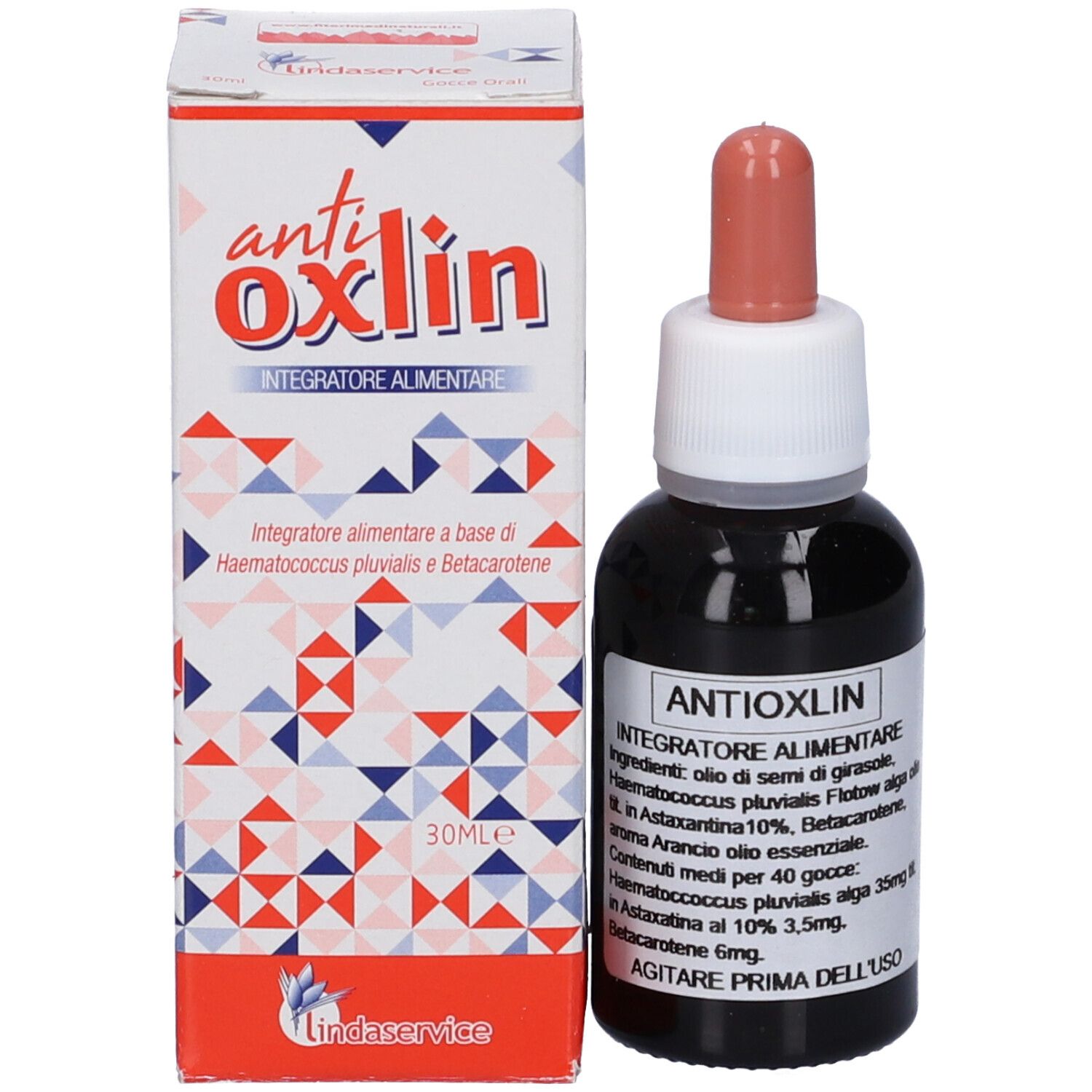Flacone e confezione Antioxlin Gocce, motivo geometrico.
