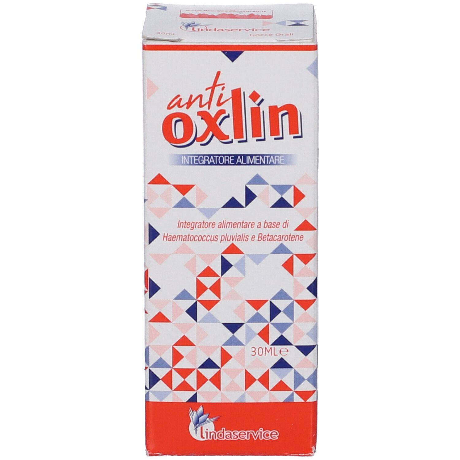 Confezione Antioxlin Gocce con motivo geometrico, indicazione 30ml.