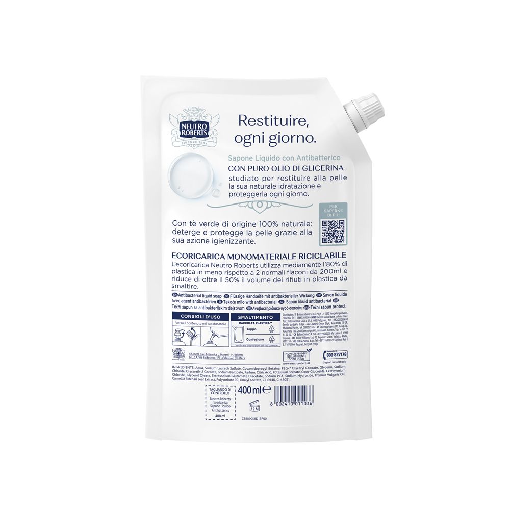Retro della ricarica. Testo: Neutro Roberts, sapone liquido, con glicerina. Codice QR e informazioni.