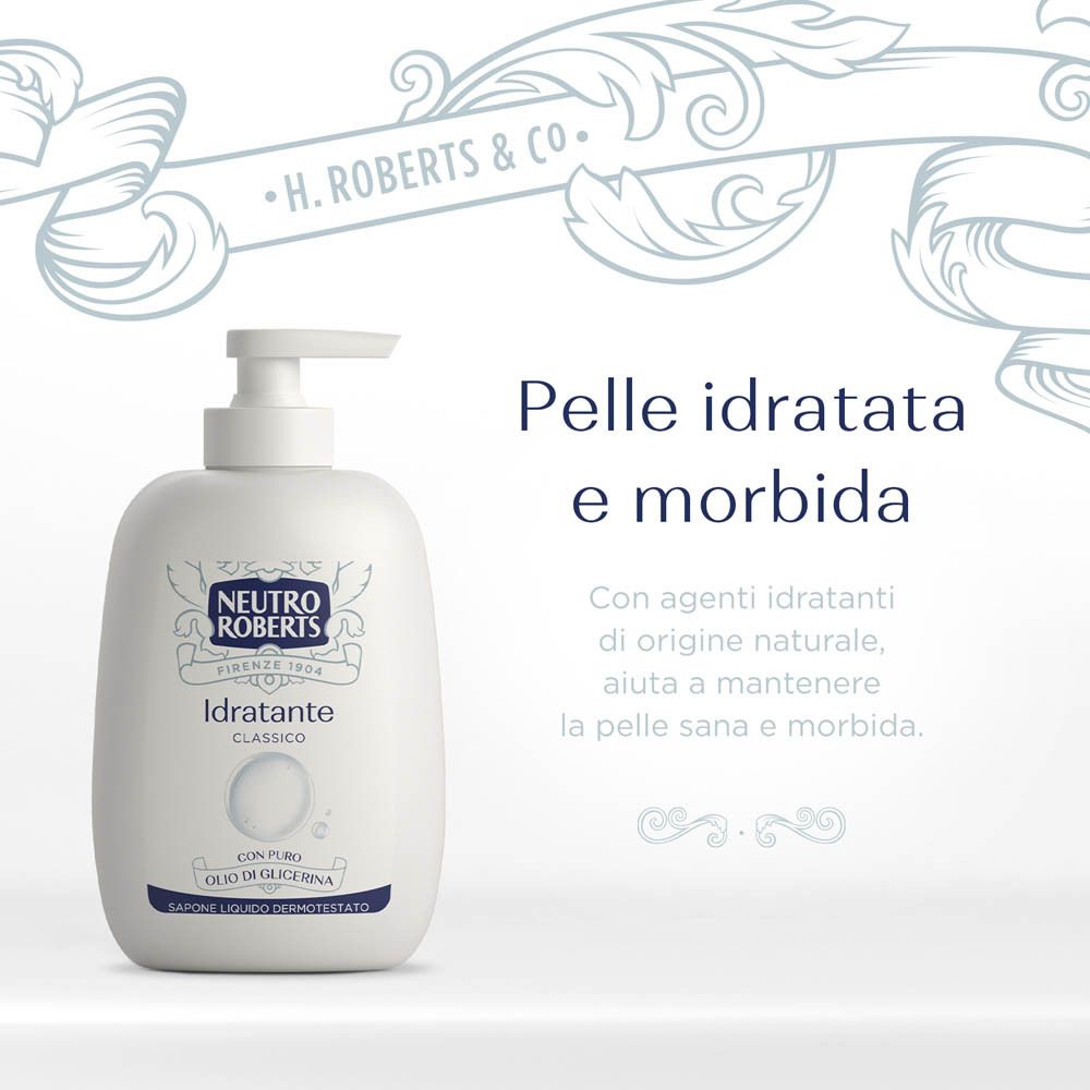 Sapone liquido idratante Neutro Roberts con dispenser a pompa.