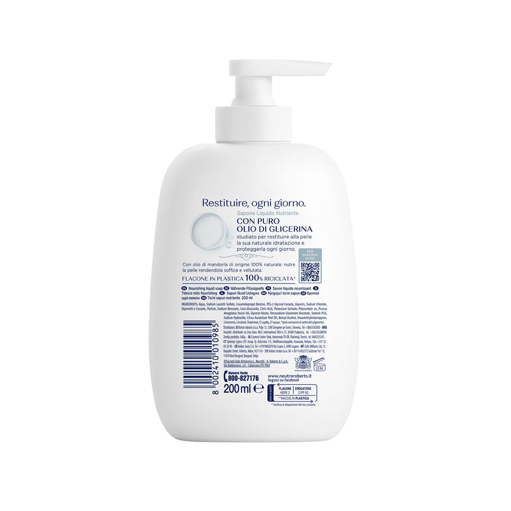 Retro del flacone bianco. Testo: Restituire, ogni giorno. Ingredienti, codice QR e logo riciclo.