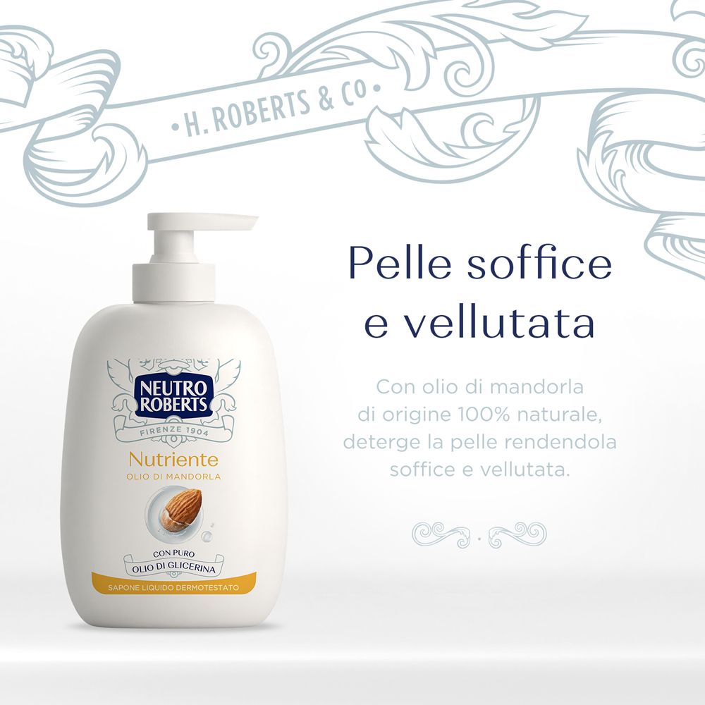 Flacone bianco con dosatore. Testo: Pelle soffice e vellutata. Logo Neutro Roberts e logo mandorla.