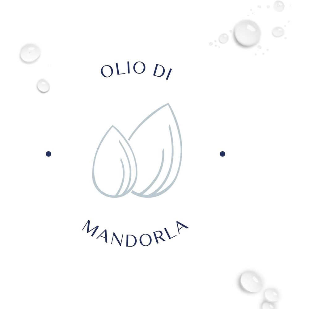 Logo: OLIO DI MANDORLA. Due simboli di mandorla. Piccole gocce d'acqua.