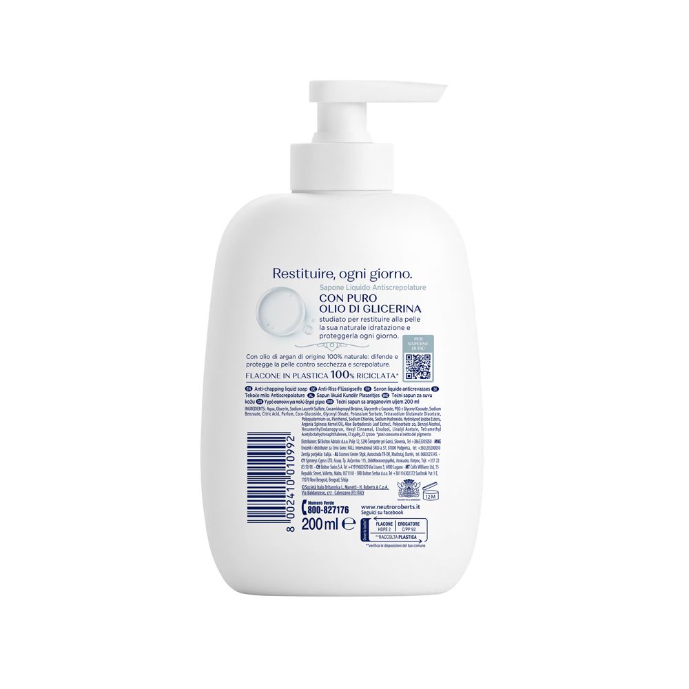 Retro del flacone bianco con dosatore. Testo e codice a barre. Scritta: Con puro olio di glicerina, Flacone in plastica 100% riciclata.