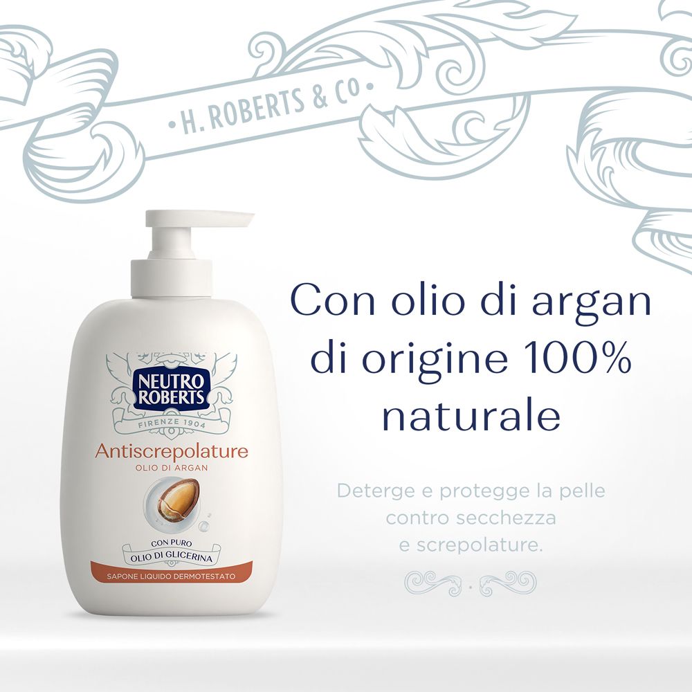 Flacone con dosatore. Testo: Con olio di argan di origine 100% naturale. Deterge e protegge la pelle contro secchezza e screpolature.