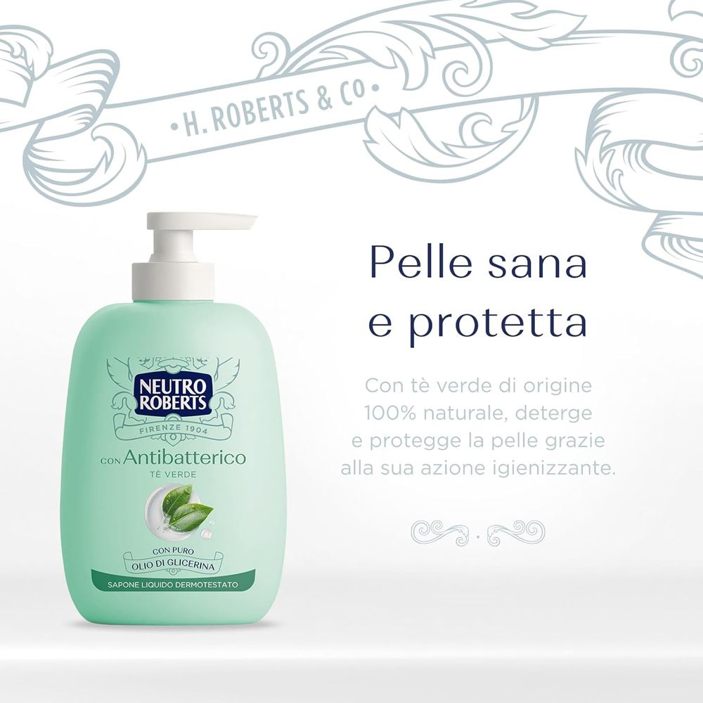 Immagine pubblicitaria con flacone di sapone verde. Testo: Pelle sana e protetta. Con tè verde. Deterge e protegge la pelle.