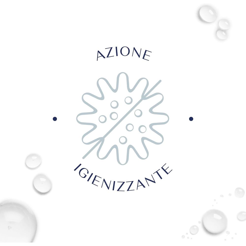Simbolo di igiene. Un germe barrato. Testo: Azione Igienizzante.