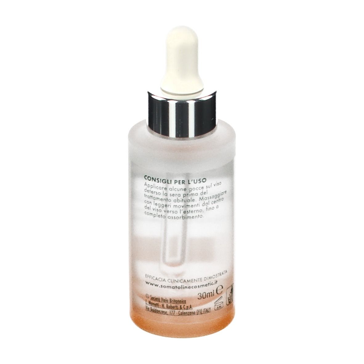 Flacone con contagocce. Scritta: Somatoline Cosmetic, Skincure, Booster Illuminante, Vitamina C 3%.