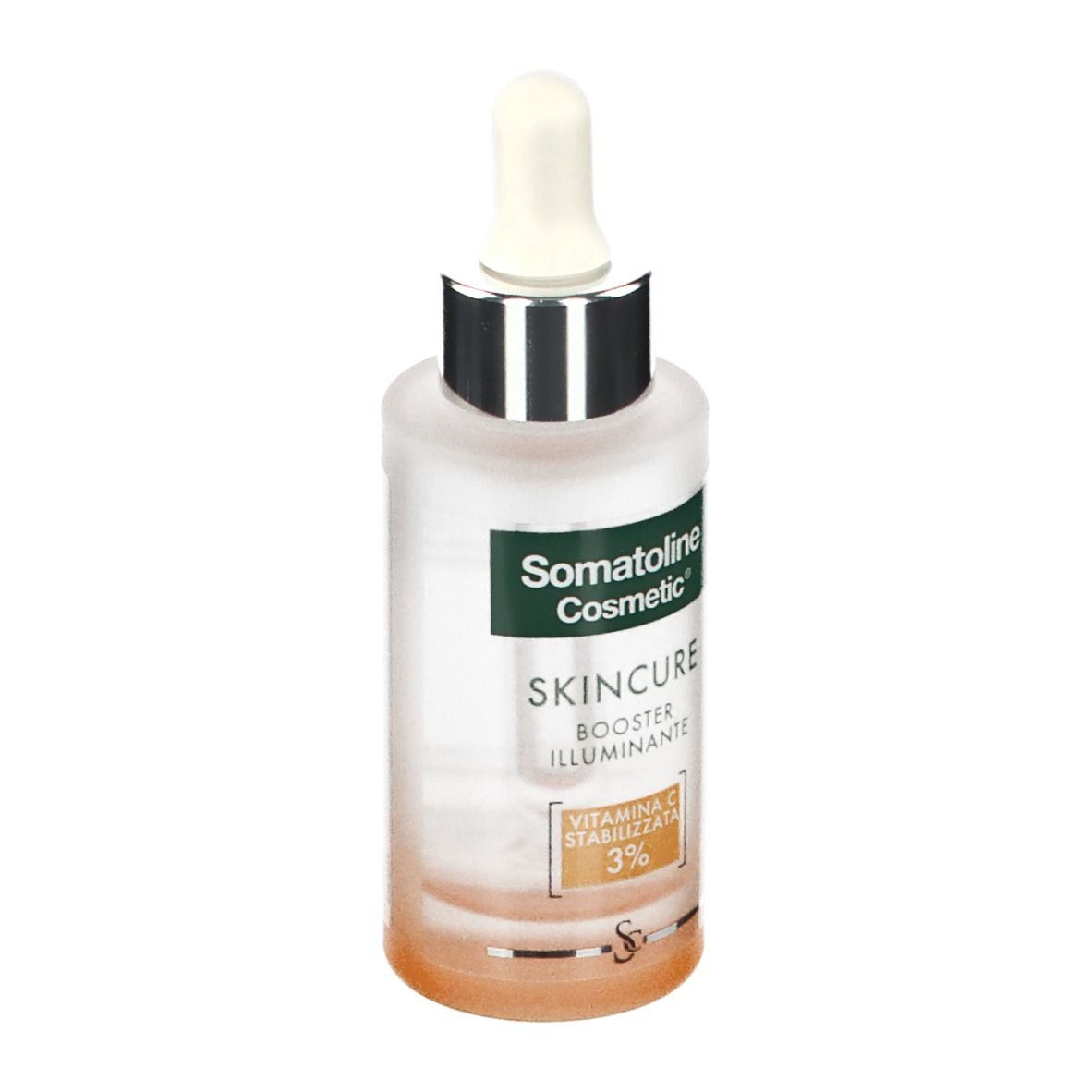 Flacone con contagocce. Scritta: Somatoline Cosmetic, Skincure, Booster Illuminante, Vitamina C 3%.