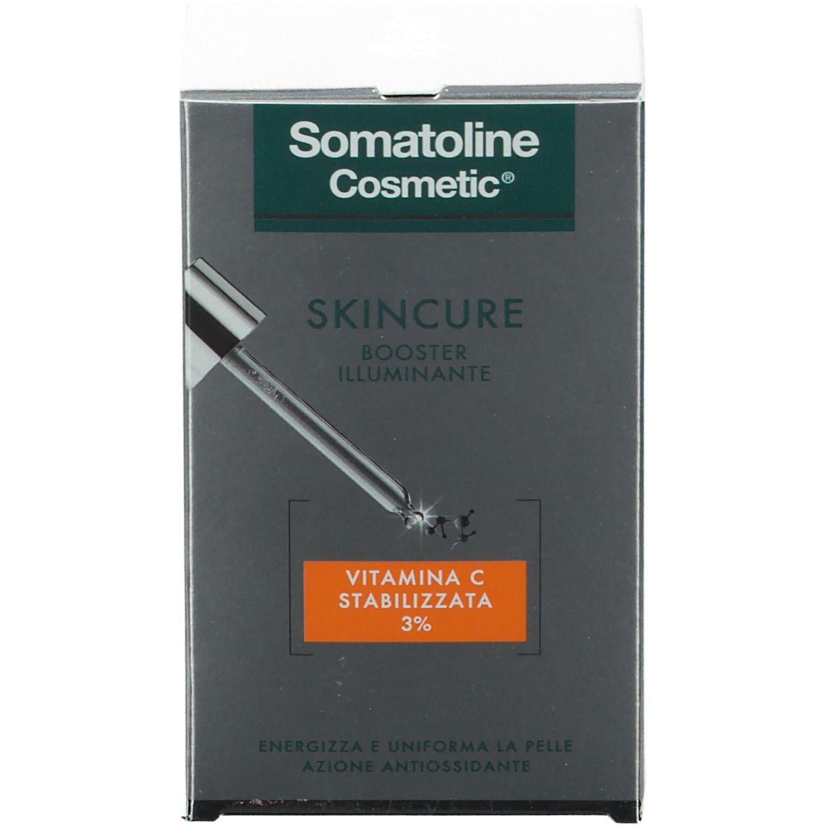 Confezione. Scritta: Somatoline Cosmetic, Skincure, Booster Illuminante, Vitamina C 3%.