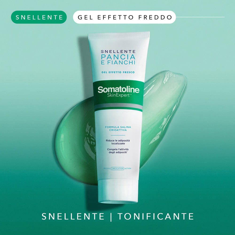 Somatoline Cosmetic® Cryogel gel snellente pancia e fianchi con una macchia di gel verde.