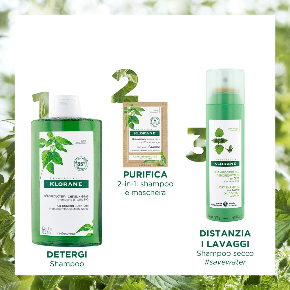 Tre prodotti KLORANE: shampoo, maschera 2-in-1 e shampoo secco. Tutti con logo ortica.