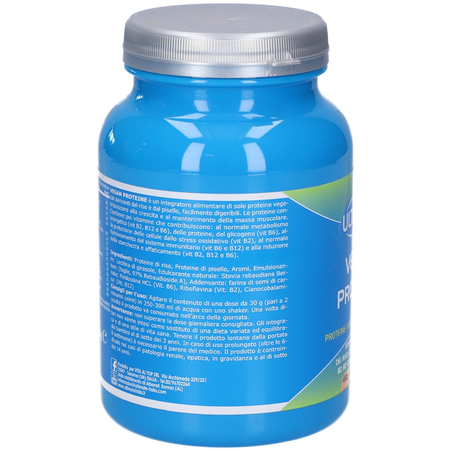 Retro del barattolo blu. Testo con ingredienti e istruzioni per l'uso. Certificazione vegana. 450g. Informazioni produttore.