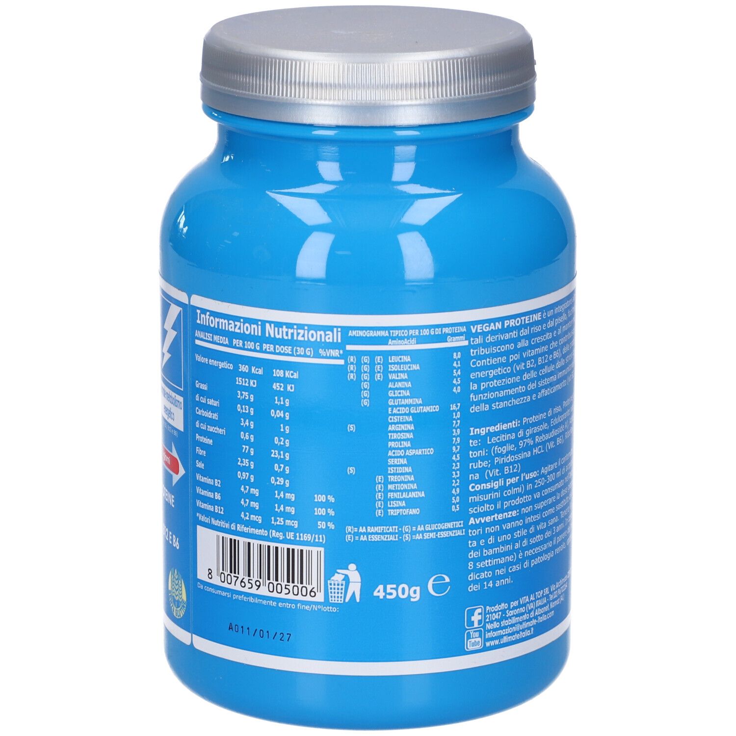 Retro del barattolo blu. Informazioni nutrizionali. Certificazione vegana. 450g. Simbolo di riciclaggio. Codice a barre.