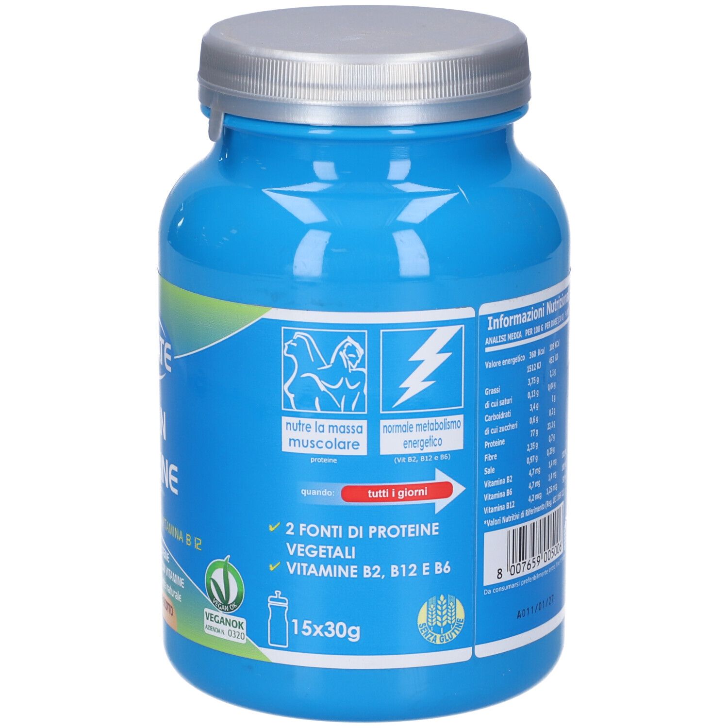 Barattolo blu con coperchio argentato. Scritta: ULTIMATE ITALIA VEGAN PROTEINE. Contiene vitamina B12. 15x30g porzioni. Informazioni nutrizionali.