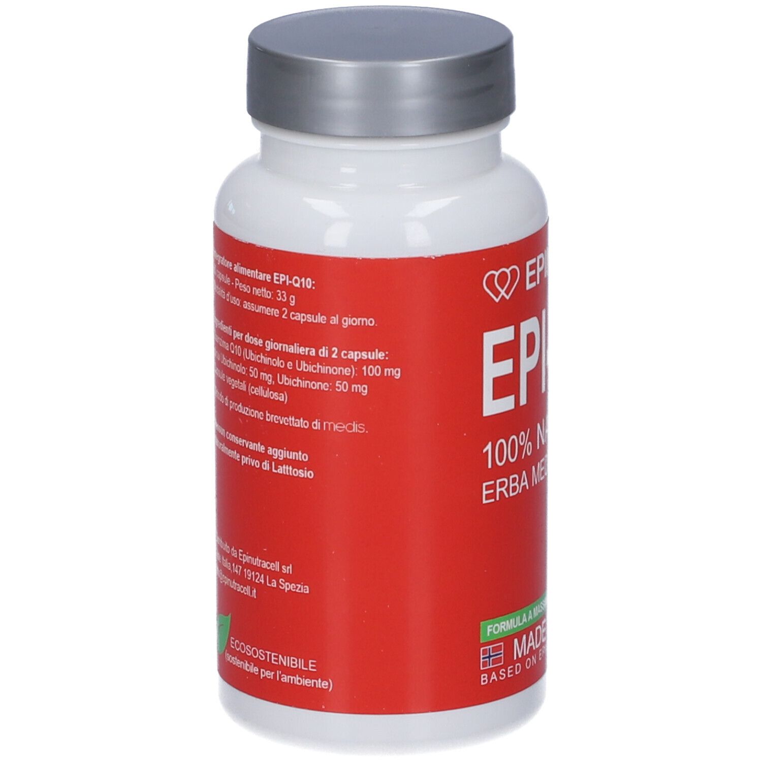 Retro del flacone bianco con etichetta rossa. Testo con ingredienti e informazioni del produttore.