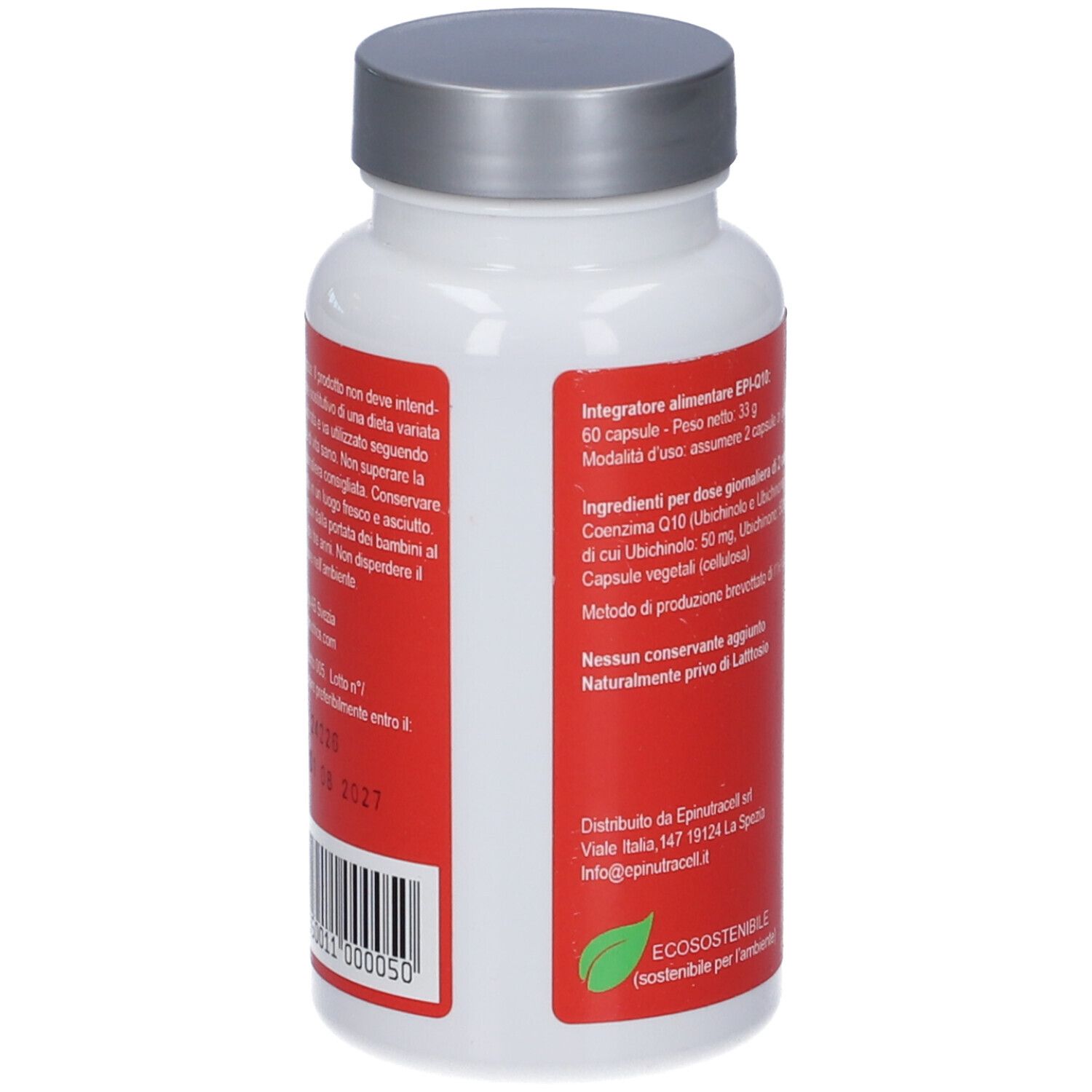 Retro del flacone bianco con etichetta rossa. Testo con ingredienti e informazioni del produttore.