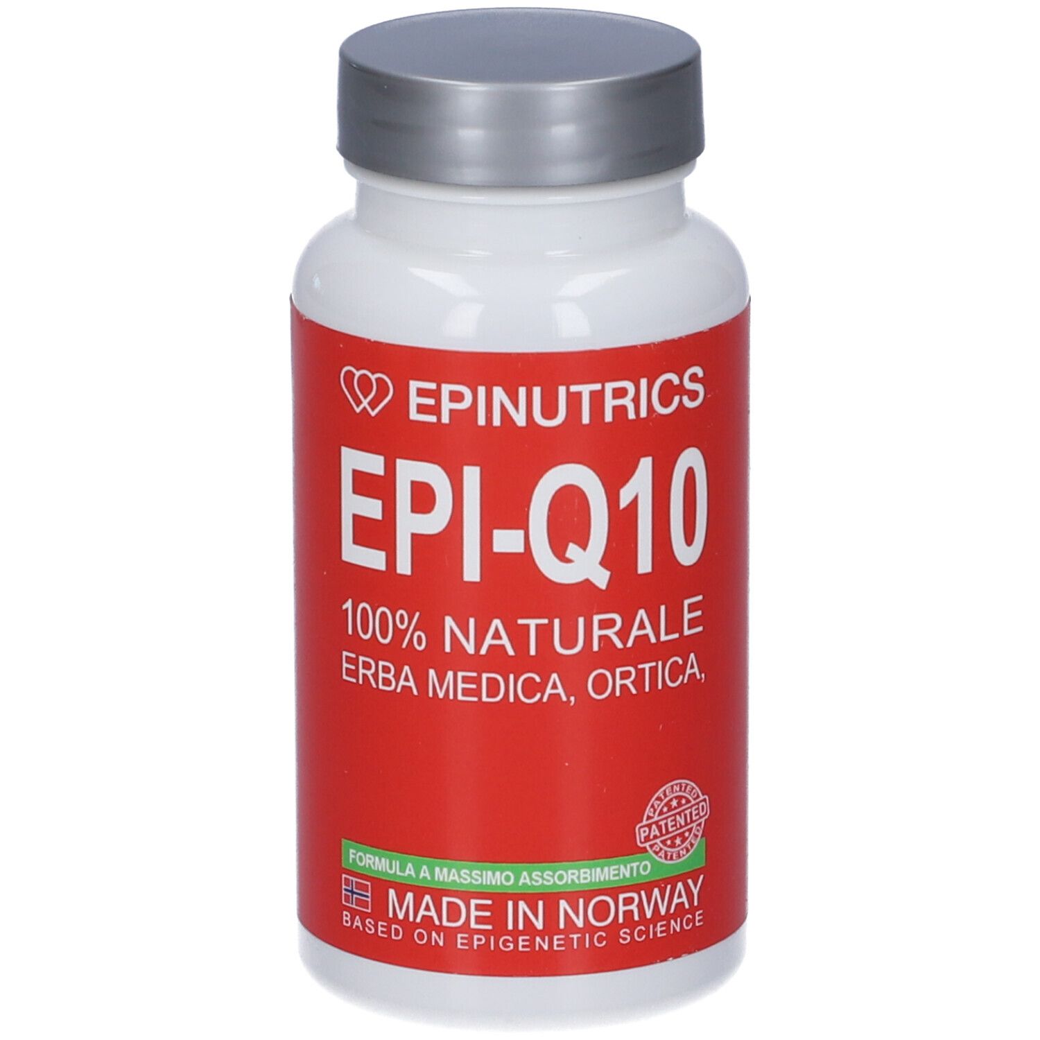 Flacone bianco con etichetta rossa. Scritta: Epinutrics, EPI-Q10, 100% NATURALE. Prodotto in Norvegia.