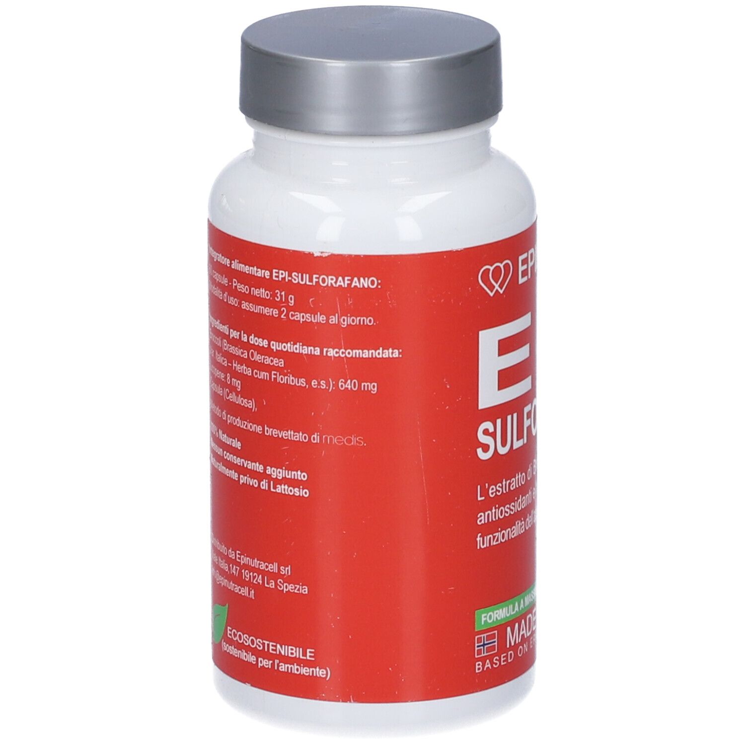 Flacone bianco con etichetta rossa. Testo in italiano. Tappo argentato. Logo verde. Made in Norway.