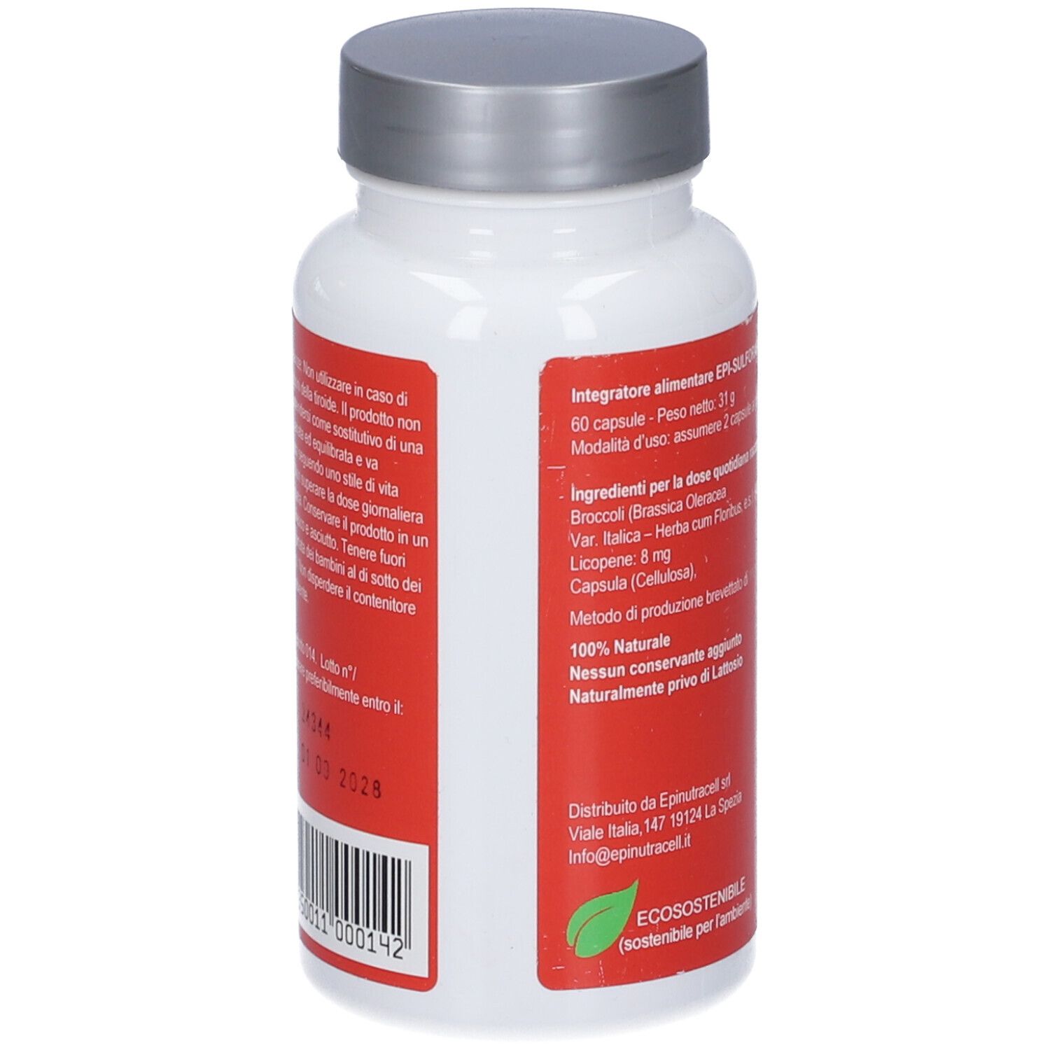 Flacone bianco con etichetta rossa. Testo in italiano. Tappo argentato. Logo verde. Ecosostenibile.