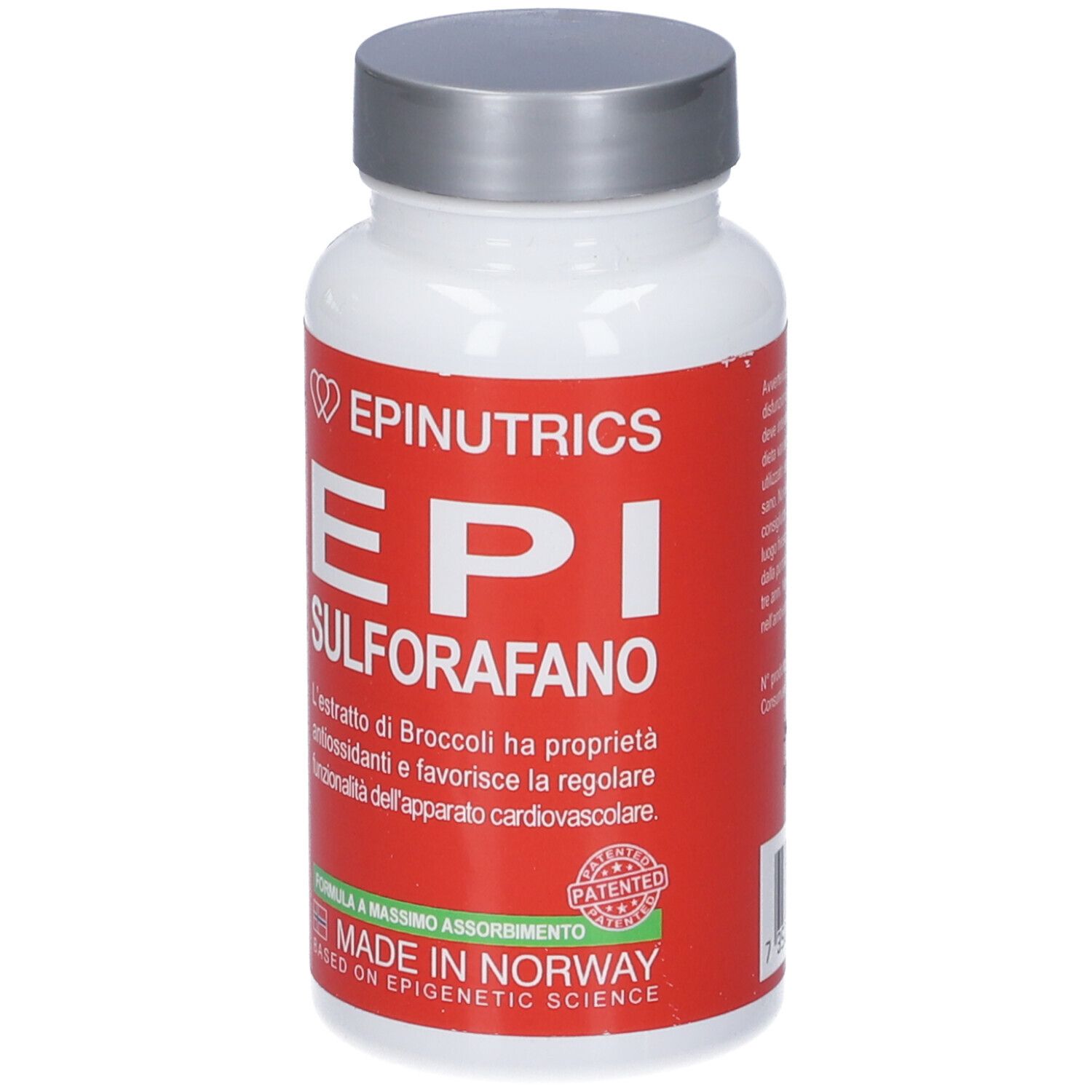 Flacone bianco con etichetta rossa. Scritta: Epinutrics, EPI, Sulforafano. Tappo argentato. Made in Norway.
