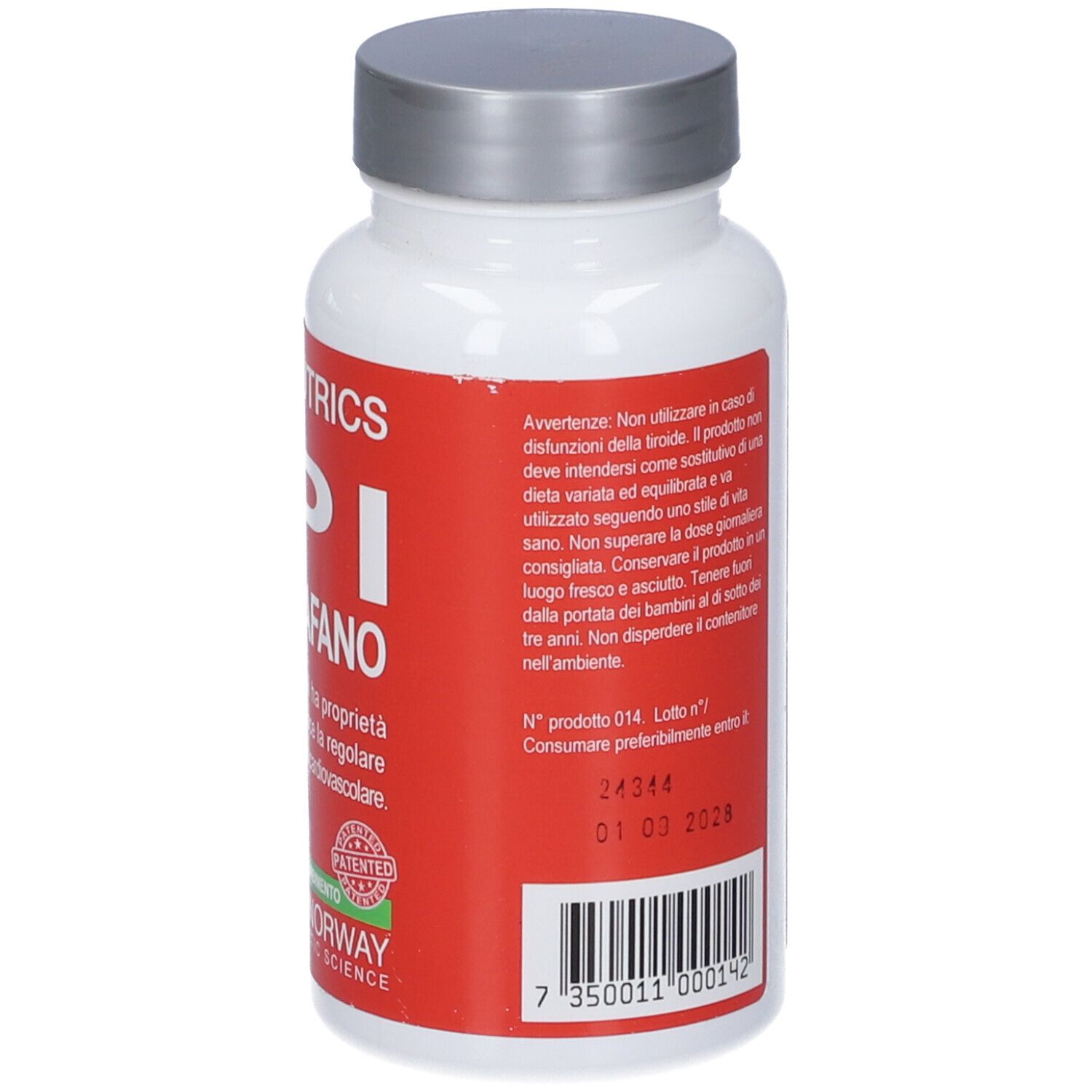 Flacone bianco con etichetta rossa. Testo in italiano. Tappo argentato. Logo verde. Numero di lotto.