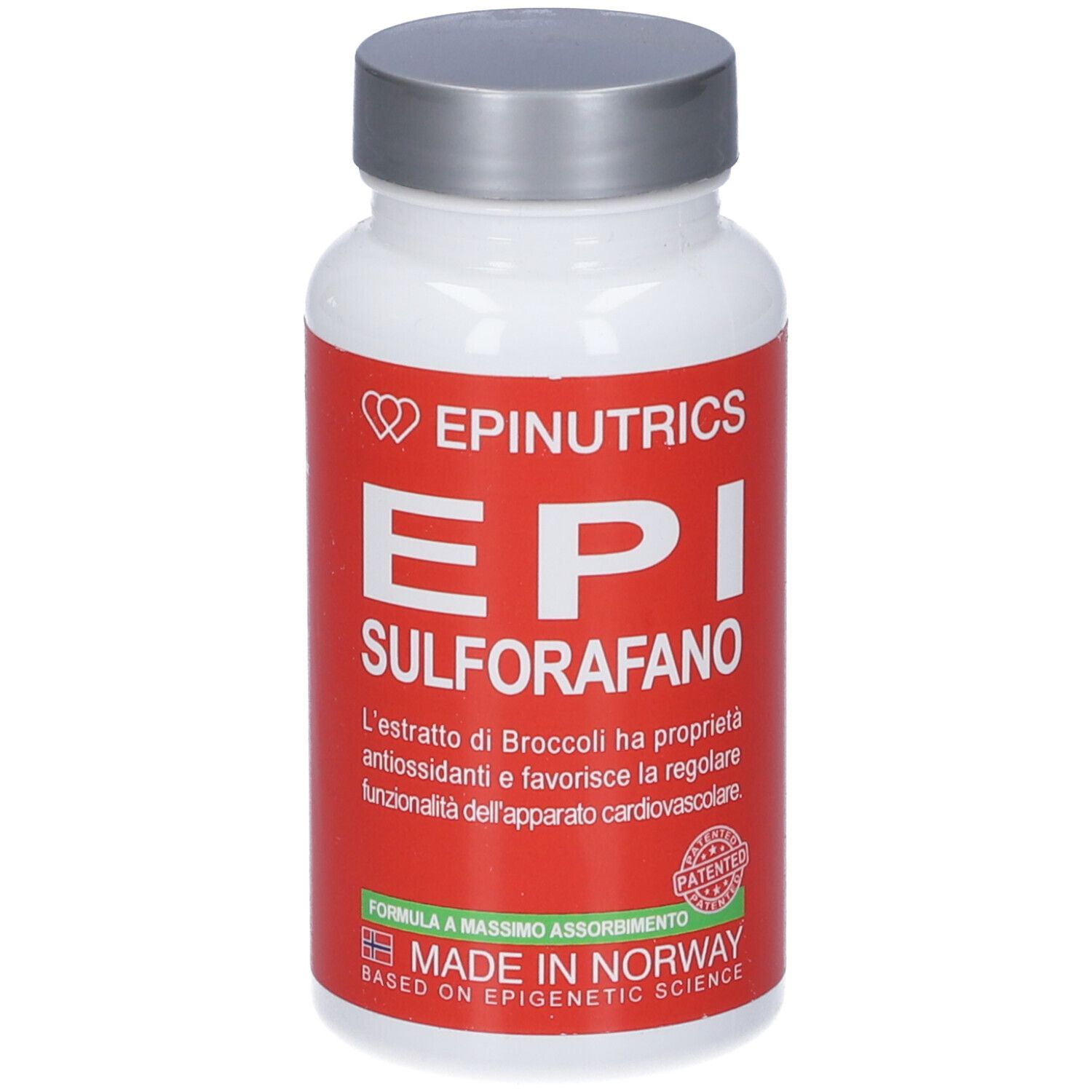 Flacone bianco con etichetta rossa. Scritta: Epinutrics, EPI, Sulforafano. Tappo argentato. Made in Norway.