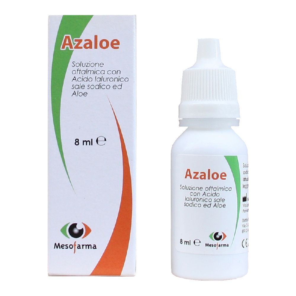Flacone e scatola di Azaloe. Soluzione oftalmica con acido ialuronico, sale sodico e aloe. 8 ml. Logo Mesoforma.