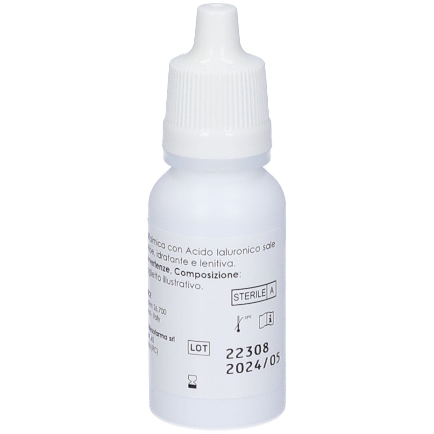 Flacone bianco. Soluzione oftalmica con acido ialuronico, sale sodico e aloe. Sterile A. Lotto e data.