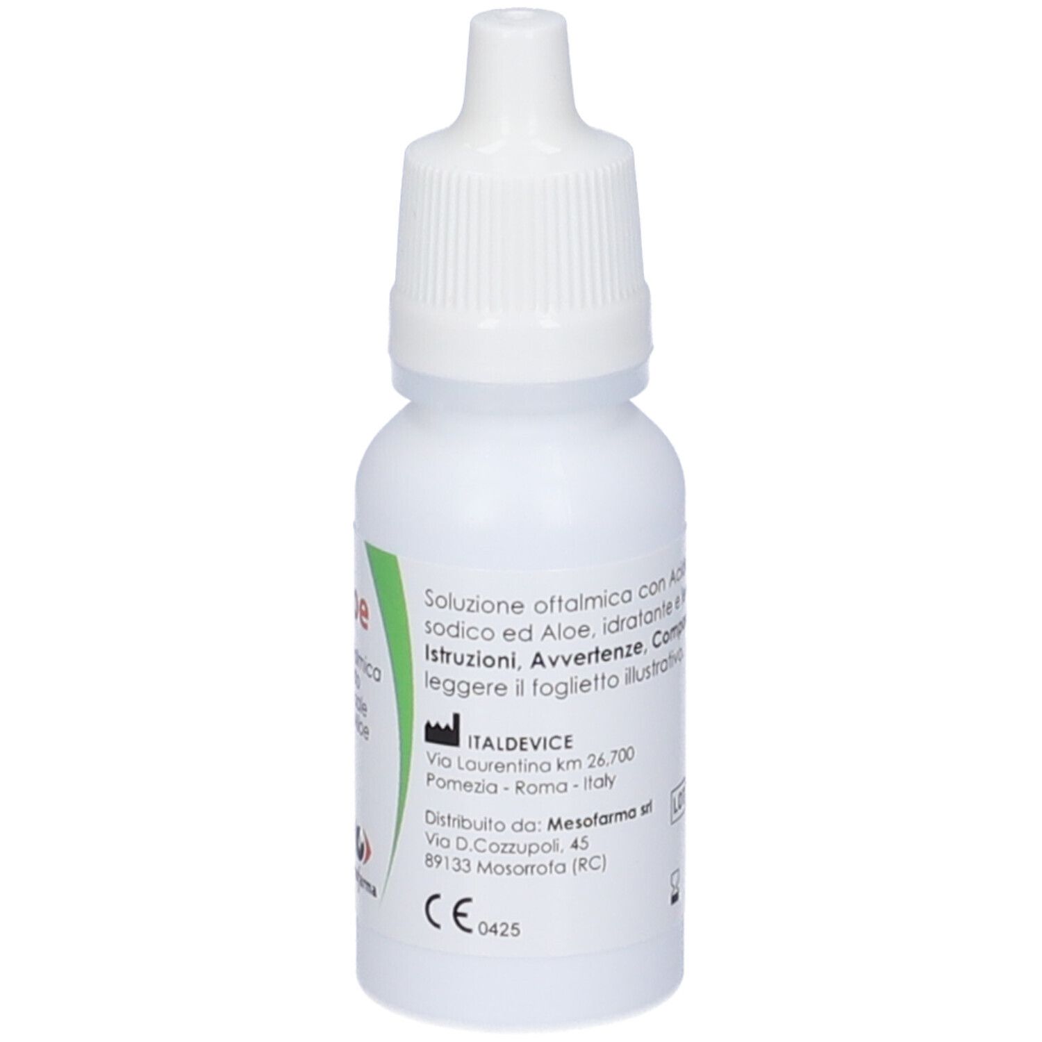 Flacone bianco. Soluzione oftalmica. Indirizzo del produttore. Marchio CE.