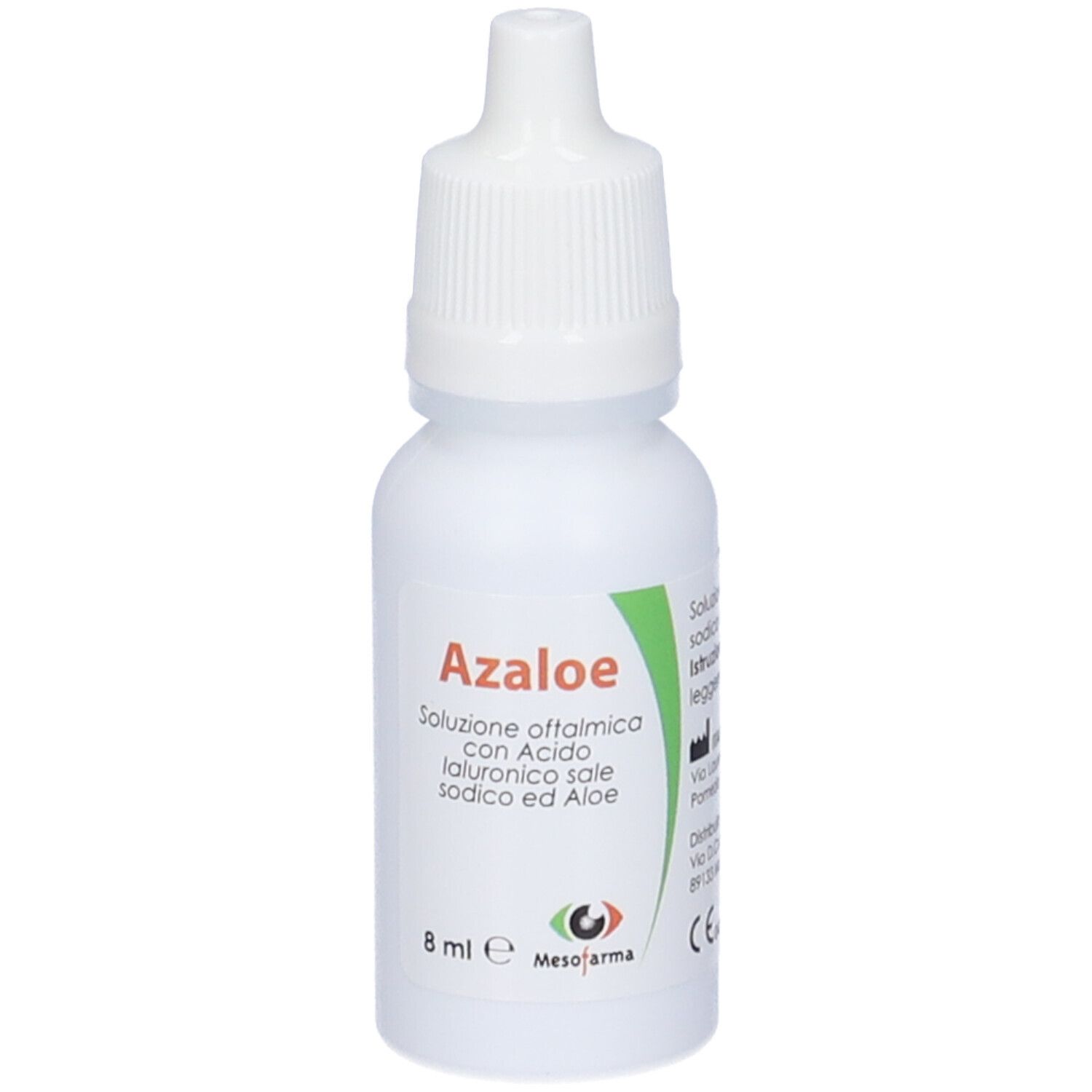 Flacone bianco di Azaloe. Soluzione oftalmica con acido ialuronico, sale sodico e aloe. 8 ml. Logo Mesoforma.