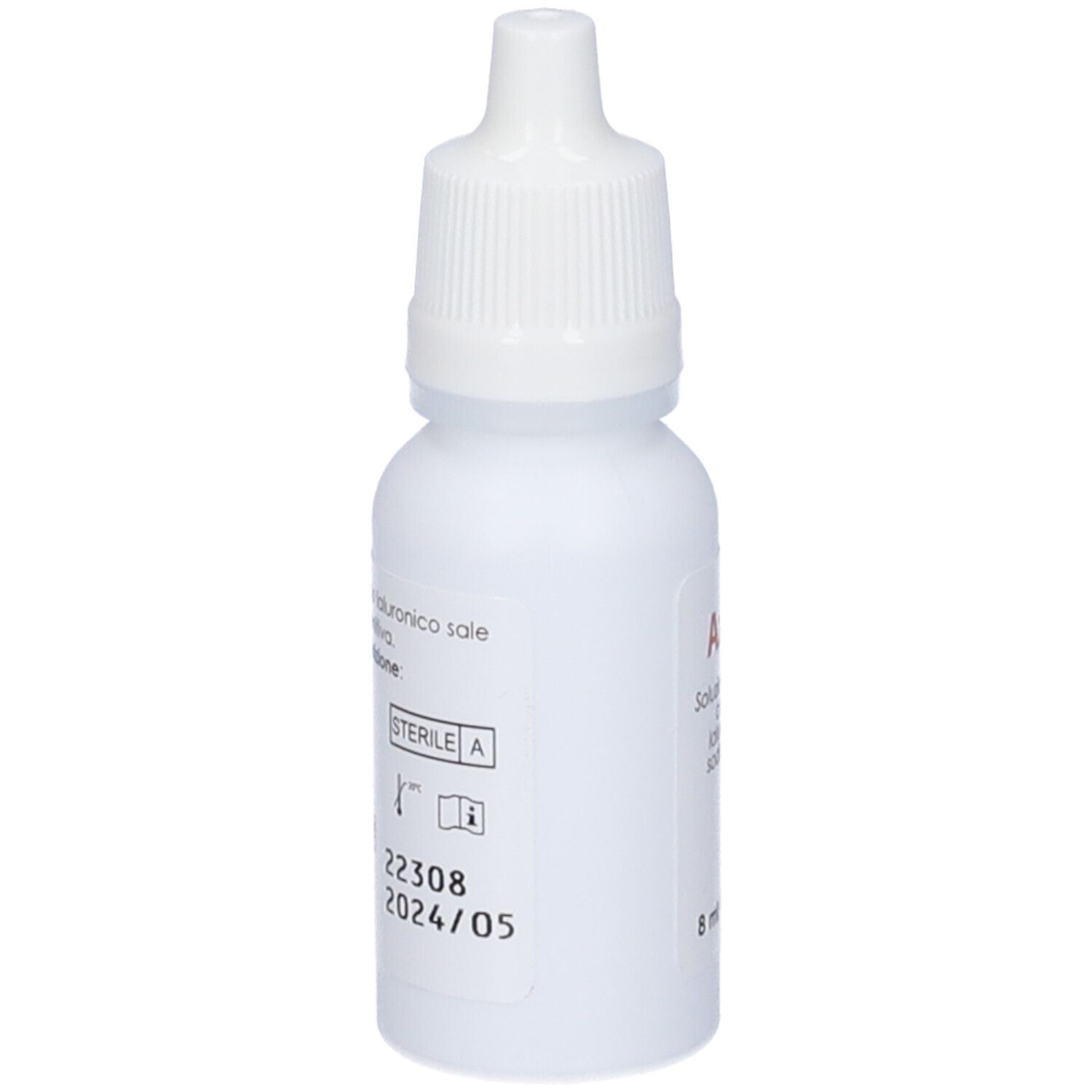Flacone bianco. Soluzione oftalmica con acido ialuronico, sale sodico e aloe. Sterile A. Lotto e data.