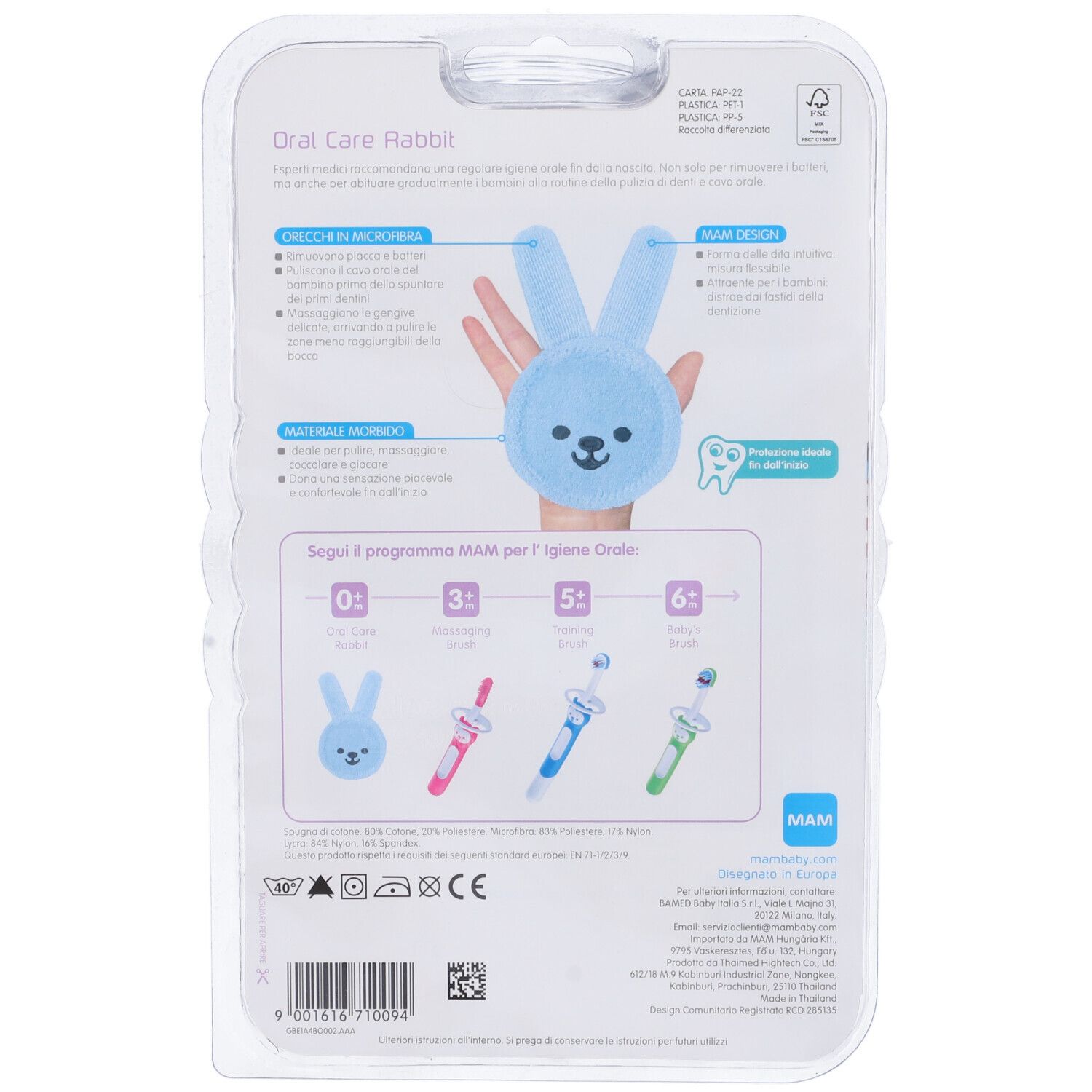 MAM Oral Care Rabbit per la Pulizia della Cavità Orale 0+ Mesi Colore Azzurro