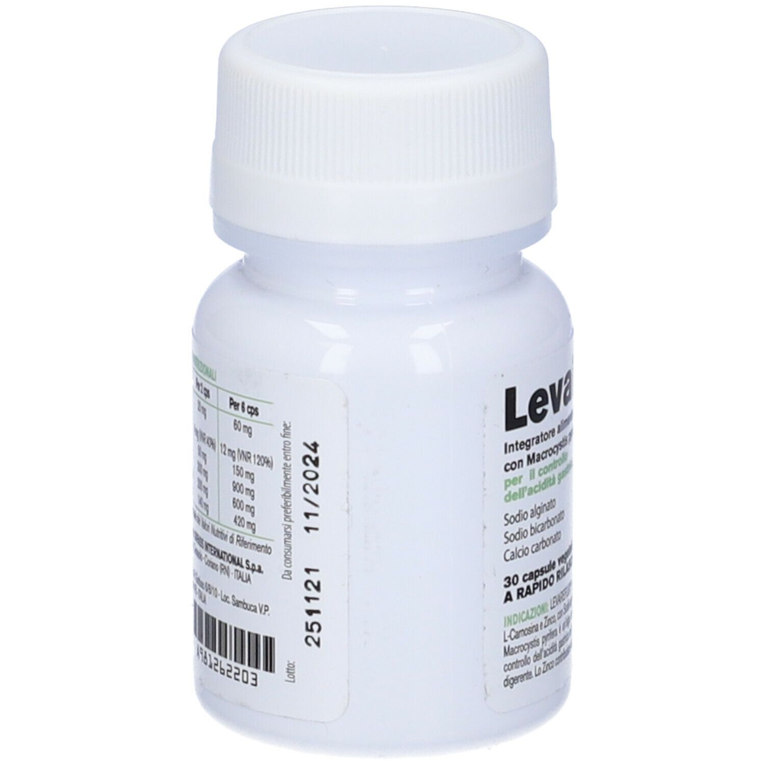 Flacone bianco LevaReflux. Retro con ingredienti e scadenza 11/2024.